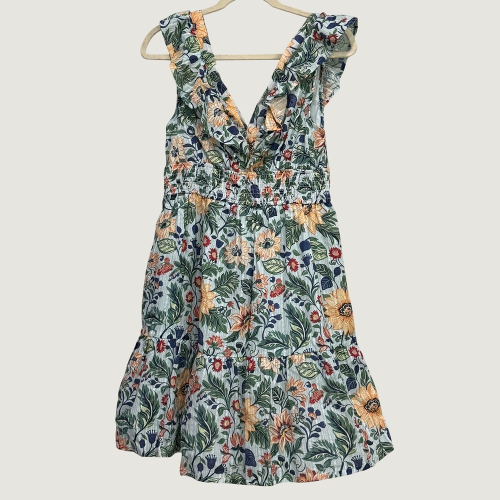Calypso St Barth Floral Eyelet Mini Dress Blue Sunflower Ruffle Smocked Small